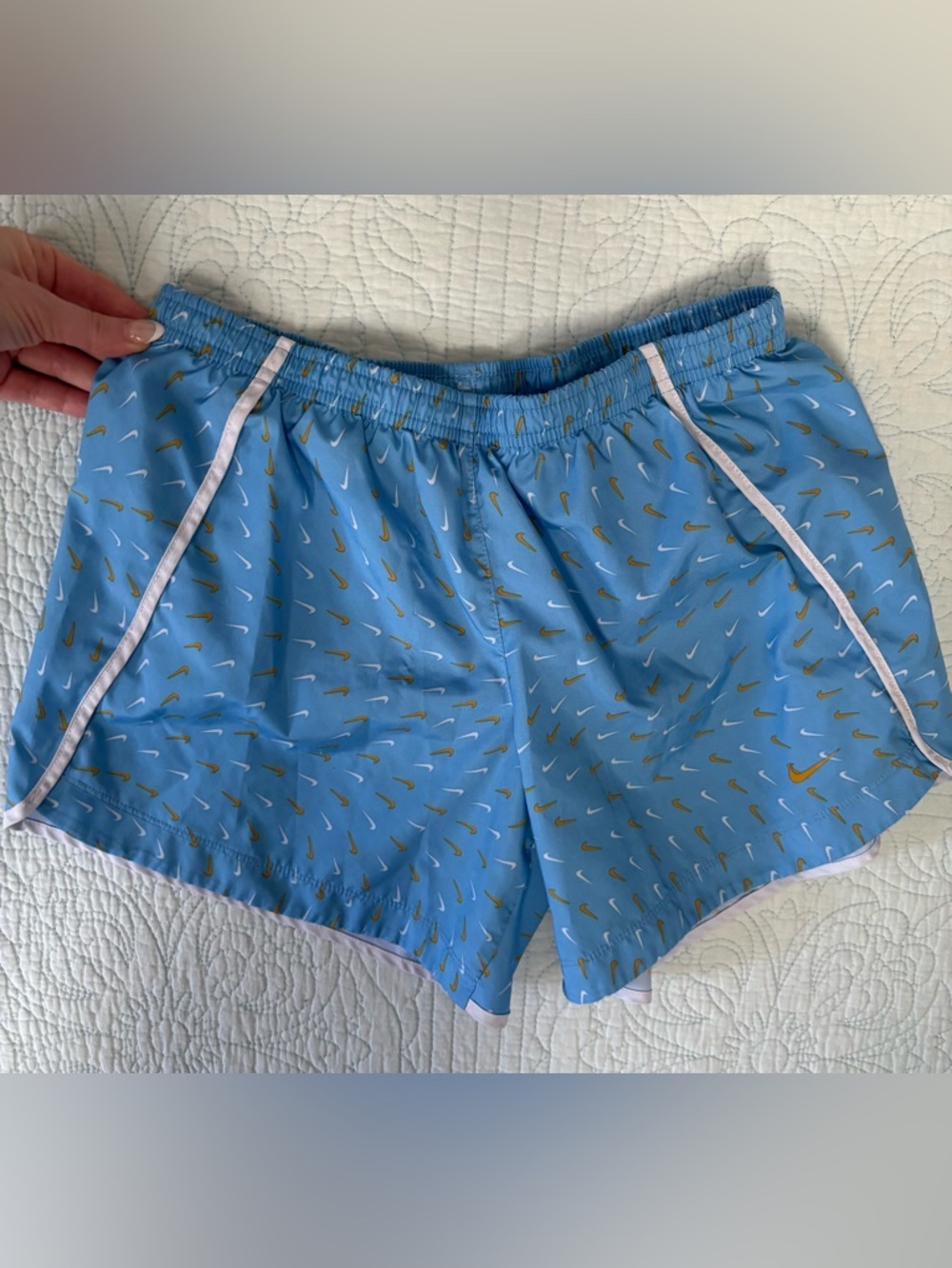 Nike Light Blue Swoosh Print Running Shorts Girls Youth XL